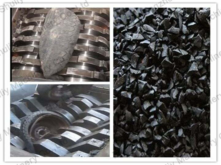 Waste tire being processed and shredded tires--1